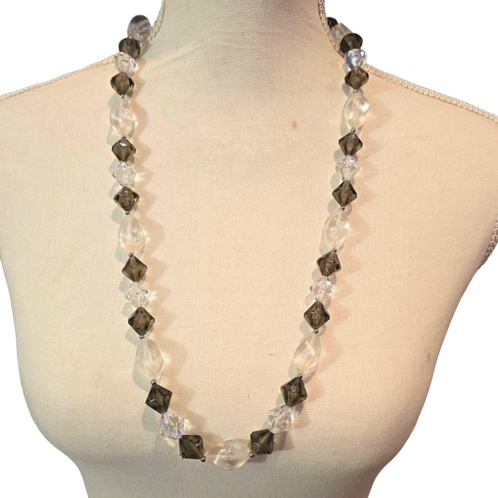 Vintage Beaded Necklace Clear Frosted Olive Green Geometric Faceted 24” Jewelry